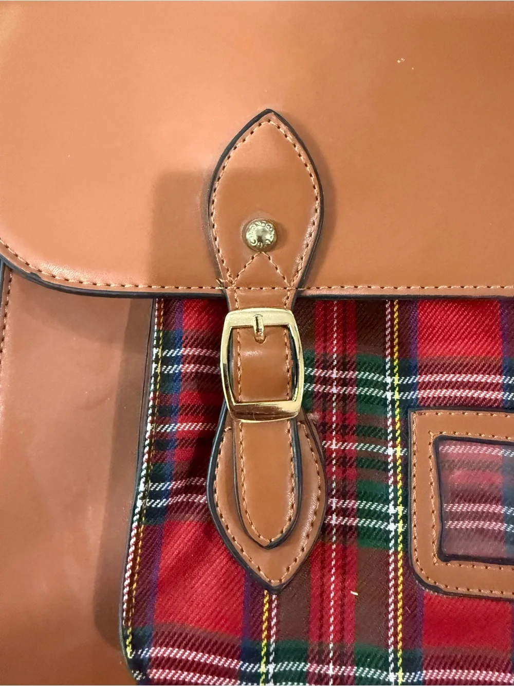 Archival Tan Leather Satchel with‎ Red Tartan Front Pocket